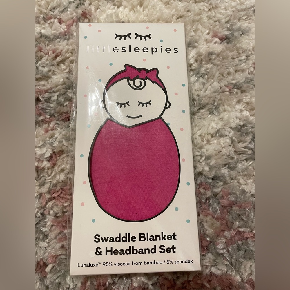New little sleepies bamboo newborn rosette swaddle and headband bow set